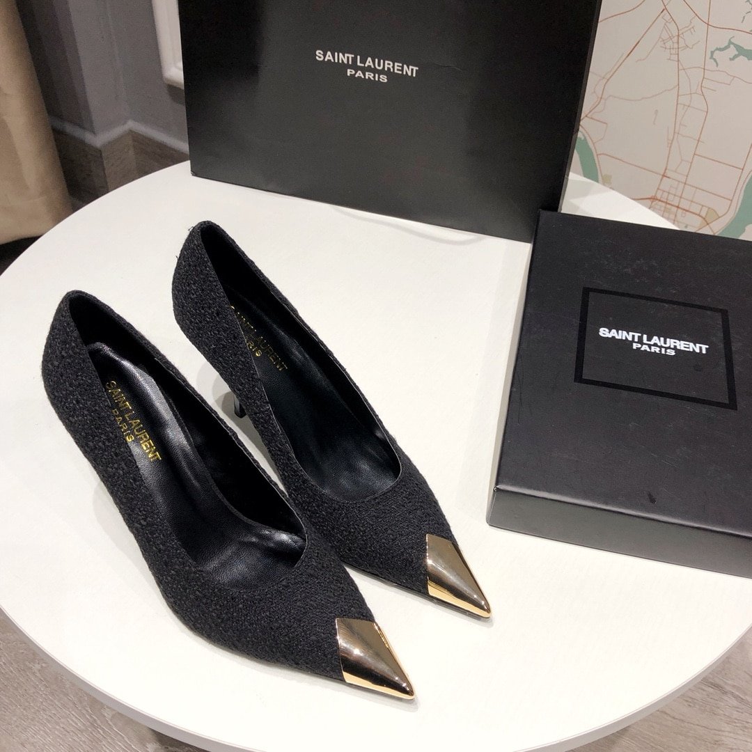 Sa1nt Lau*nt Vesper Leather Trimmed Bouclé Pumps Black