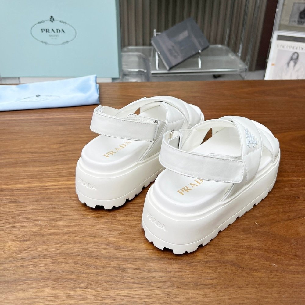 Pra*a Nappa Leather Crisscross Flatform Sandals Ivory 1Xz777 038 F0304 F 045