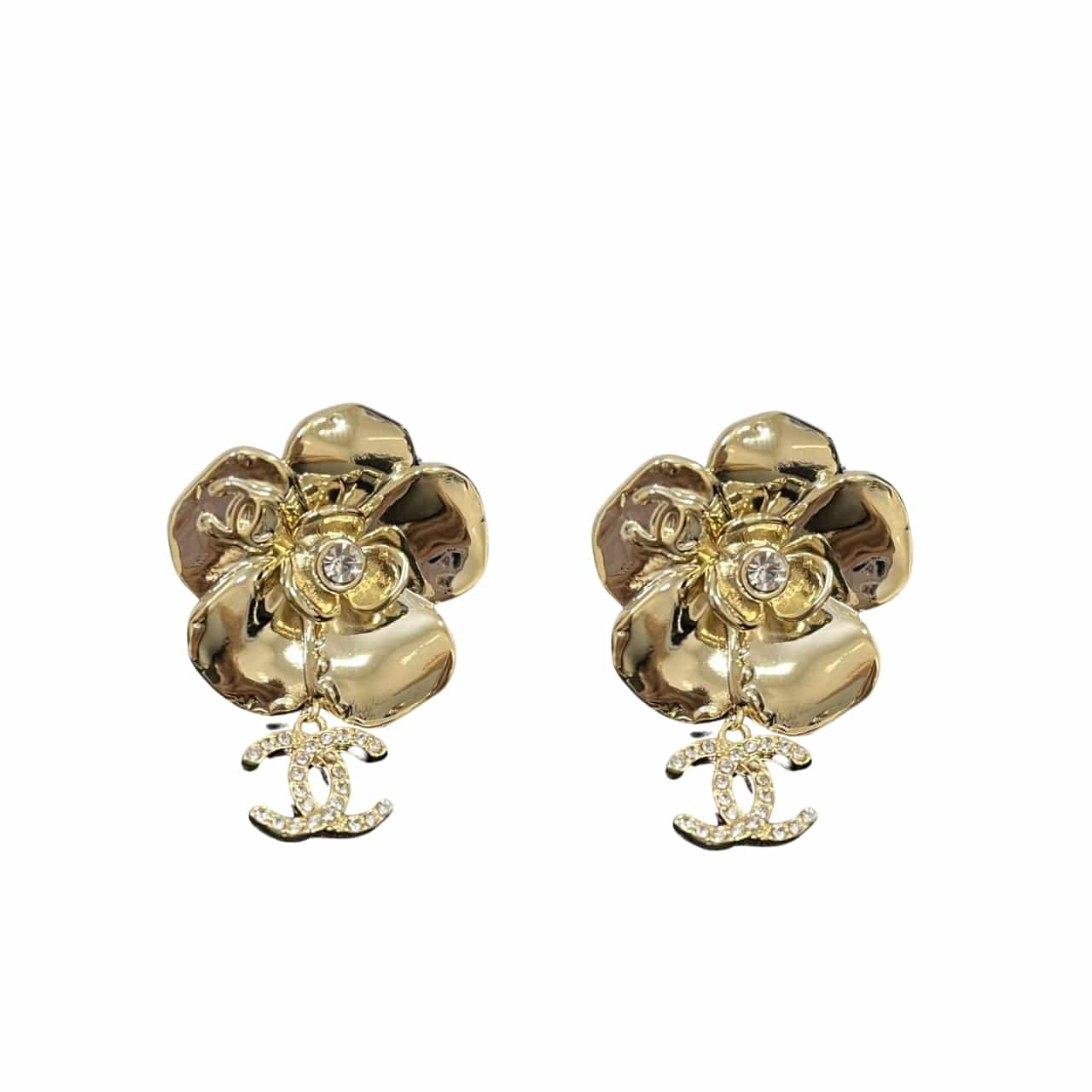 Ch**el Cc Flower Earrings With Crystal Gold