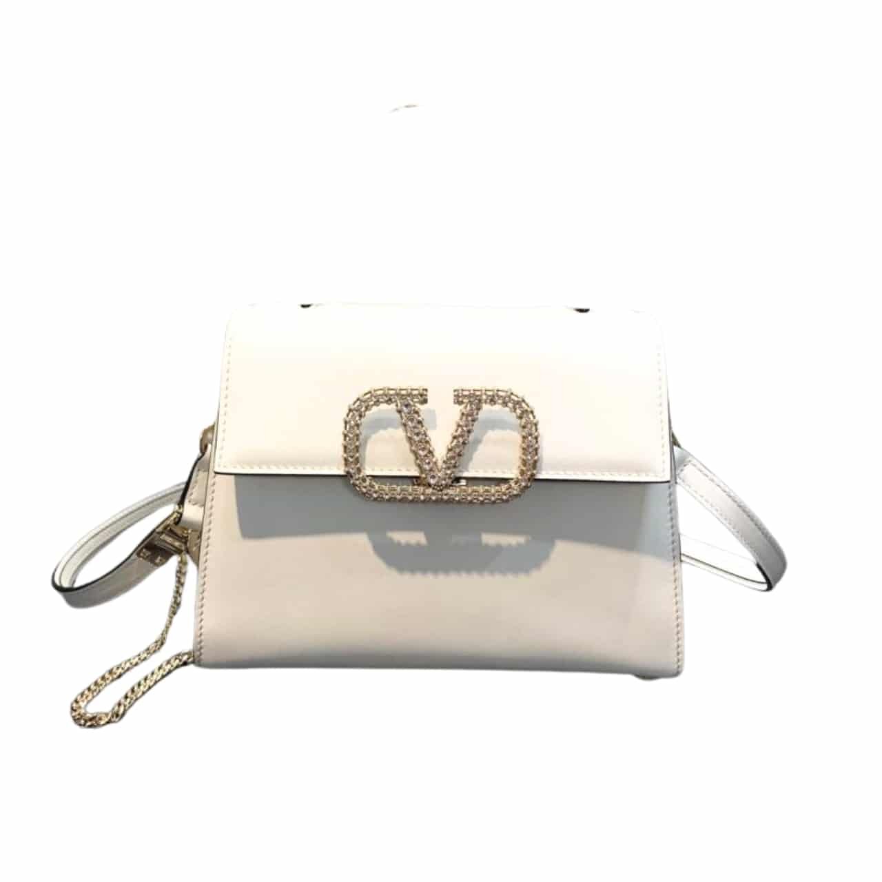 Va1e*ntin0 Garavani Vsling Crystal Embellished Leather Handbag White 18Cm