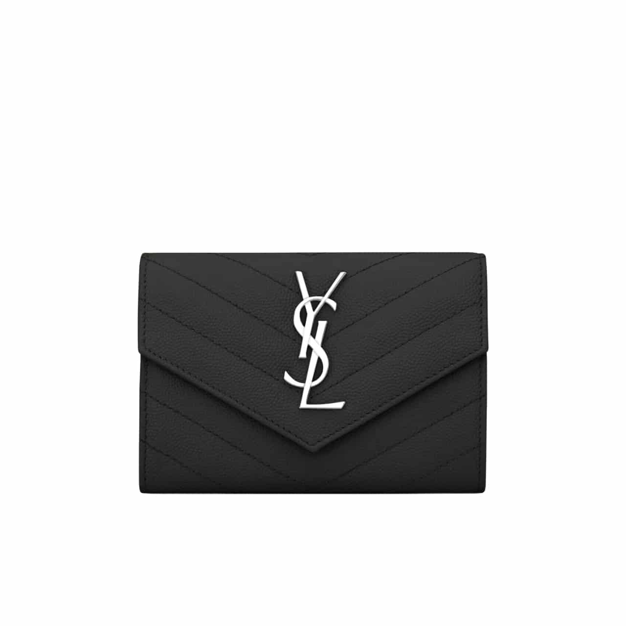 Sa1nt Lau*nt Cassandre Matelassé Small Envelope Wallet In Grain De Poudre Leather Black Silver 13Cm 414404Bow021000