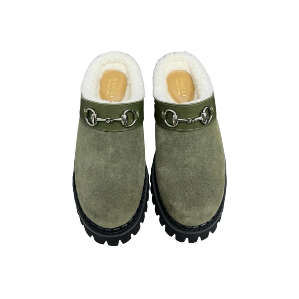 Gvc*1 Horsebit Shearling Mules In Dark Green Suede