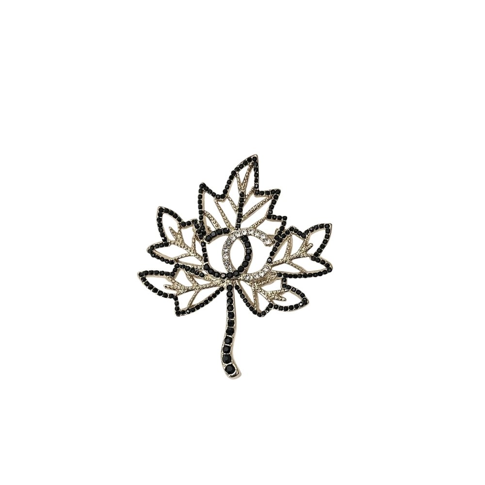 Ch**el Cc Leaf Brooch Black Gold