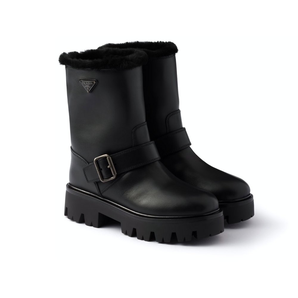 Pra*a Leather And Shearling Booties Black 1U187O 3Lpn F0002 F Zf50
