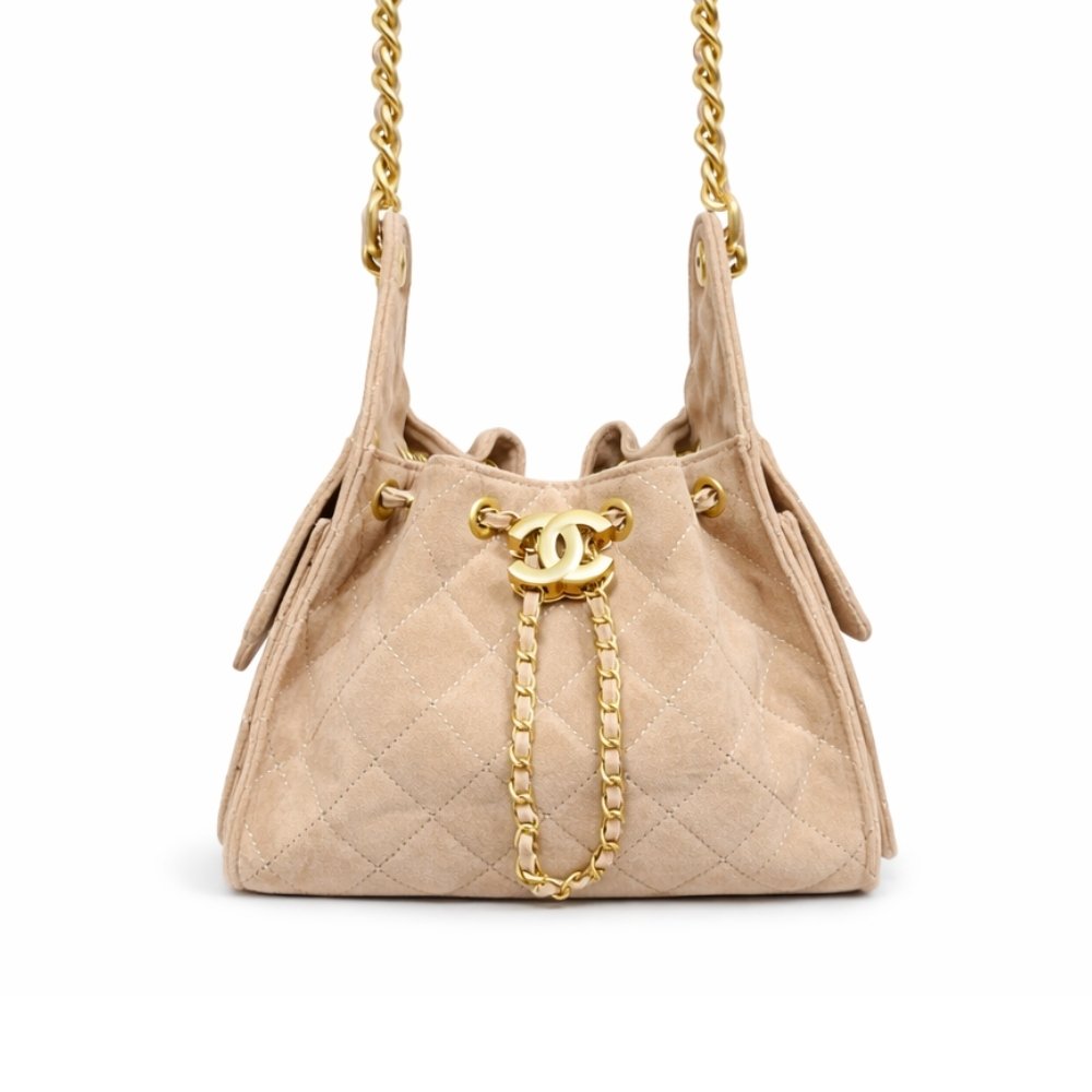 Ch**el 25 Small Handbag Suede And Gold Tone Metal Light Grey 26Cm