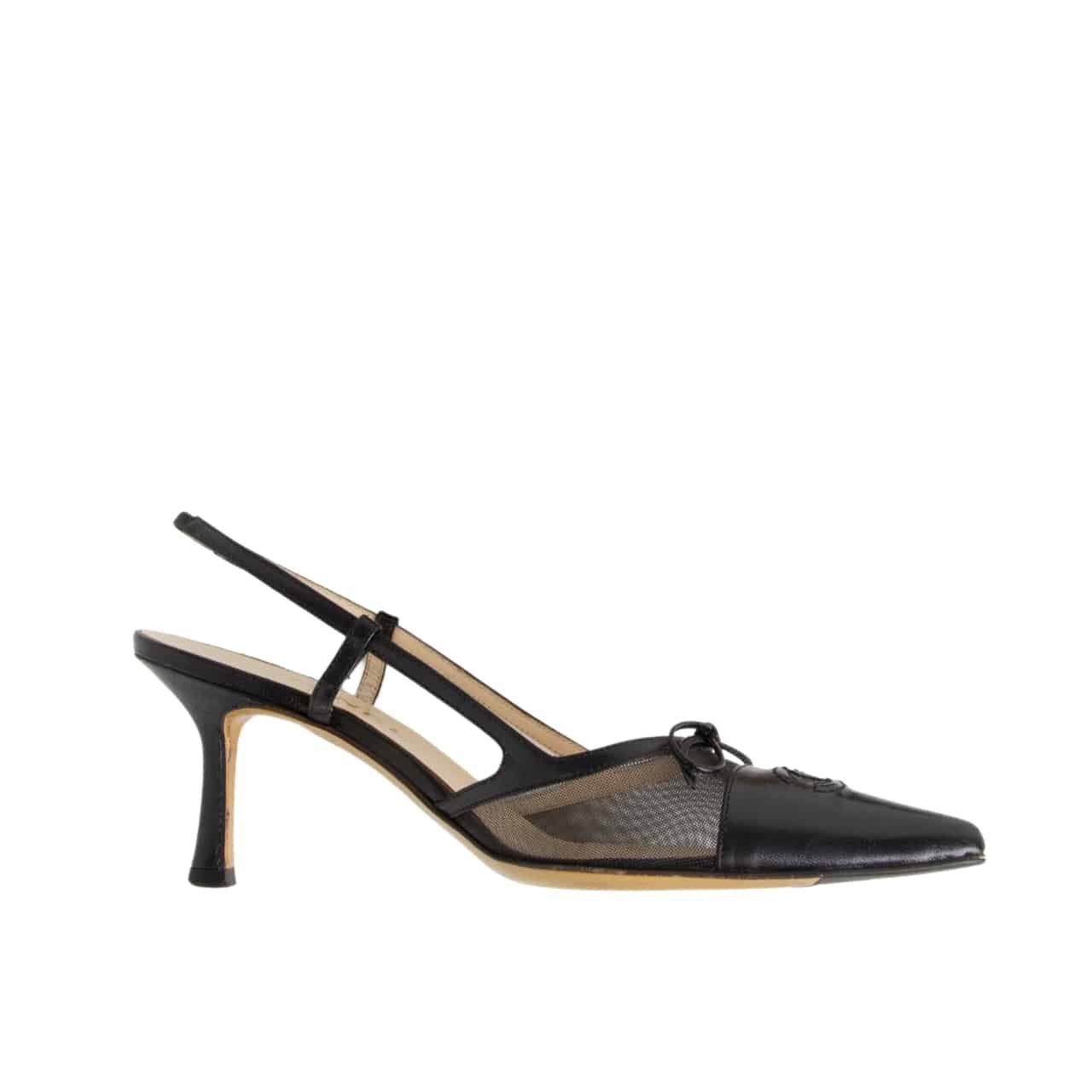Ch**el Cc Leather Pointy Toe Pumps Slingbacks Sandals Black