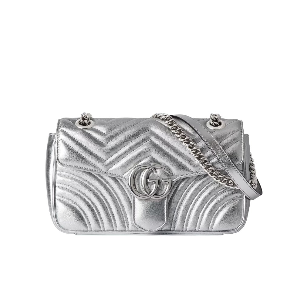 Gvc*1 Gg Marmont Medium Shoulder Bag Metallic Silver Leather 26Cm 443497 AAESP 8106