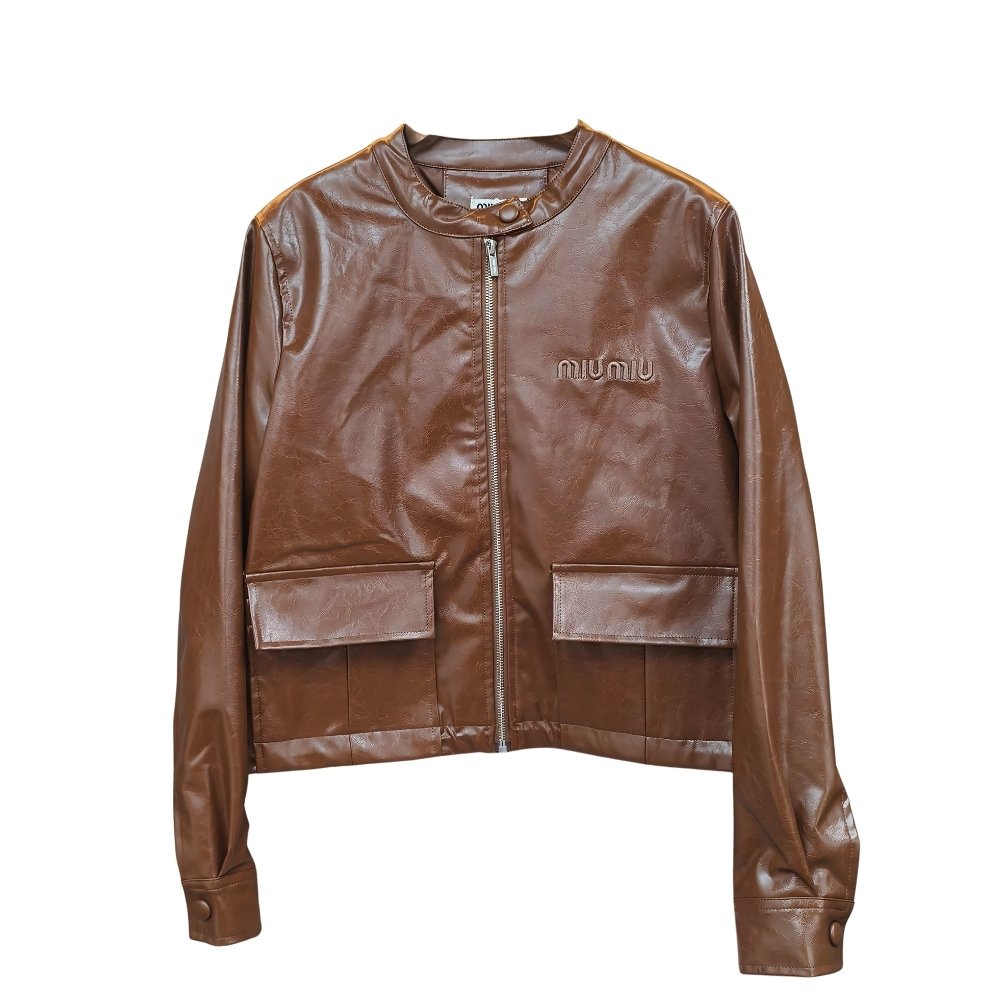 M1um1u Crop Top Jacket Brown Leather
