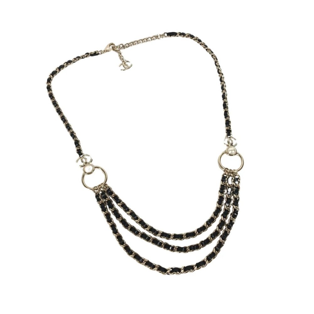 Ch**el Cc Chain Faux Pearls Belt Gold Black