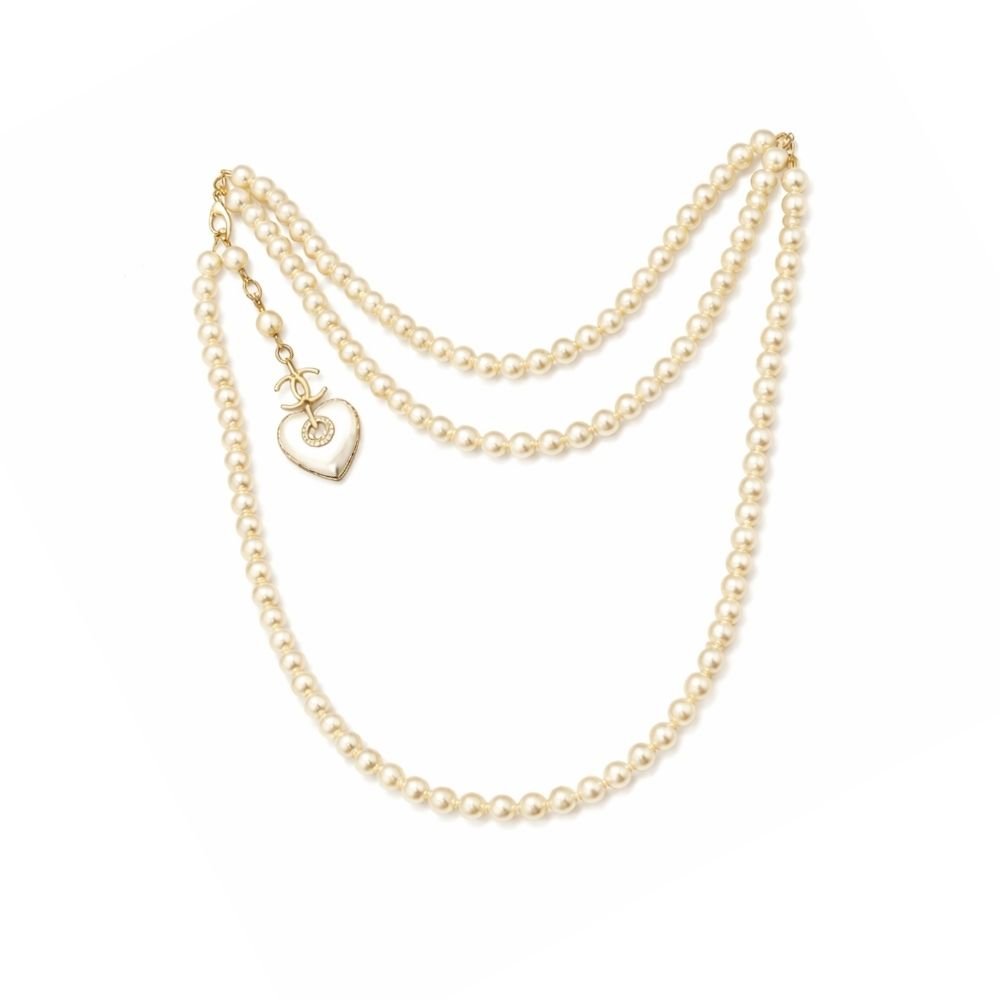 Ch**el Double Strand Pearl Necklace with Heart Shaped Charm