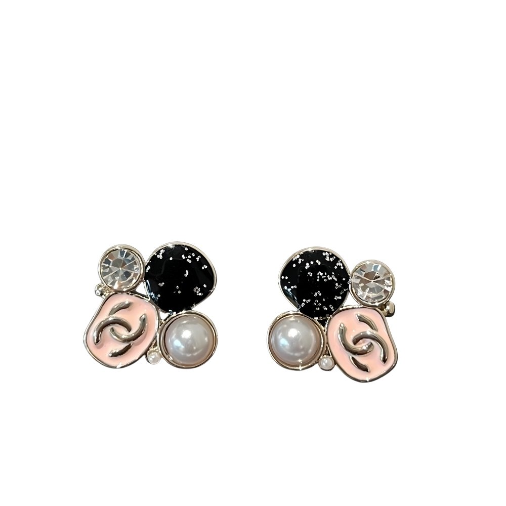 Ch**el Resin Pearl And Sparkling Crystal Silver Earrings ABG633 B22459 U4652