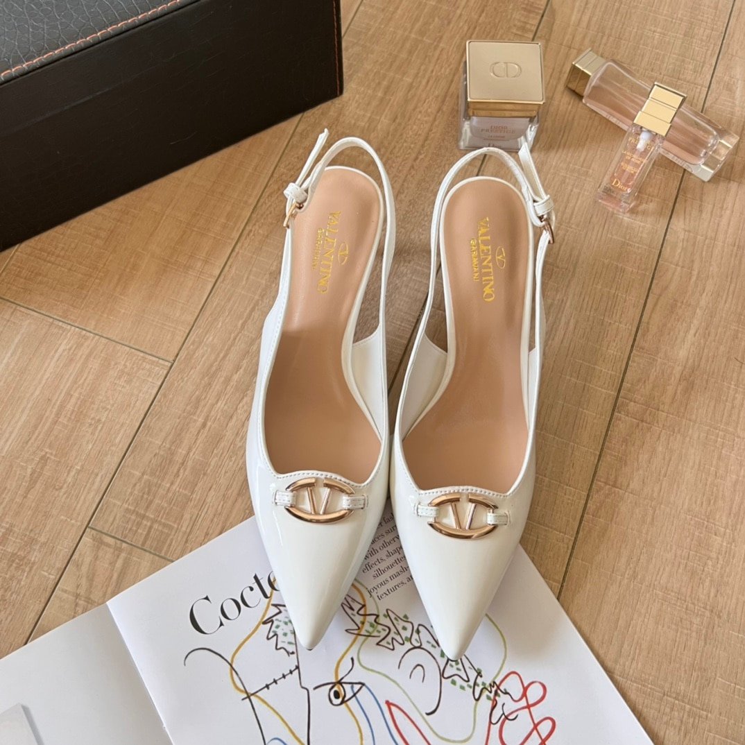 Va1e*ntin0 Vlogo Shiny Leather Leather Heels In White