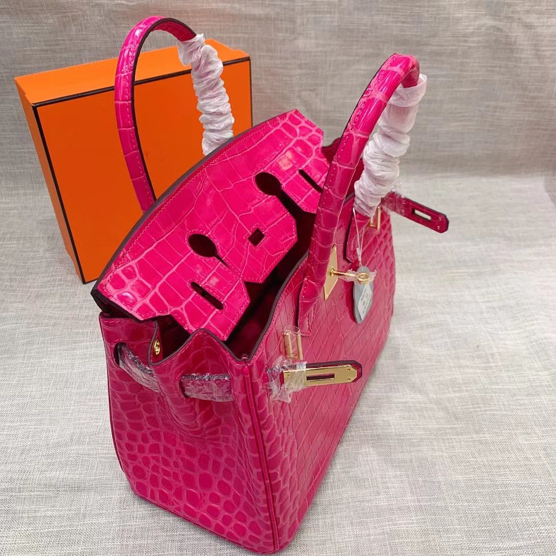 H**me5 Birkin 25 Crocodile Gold-Toned Hardware Dark Pink