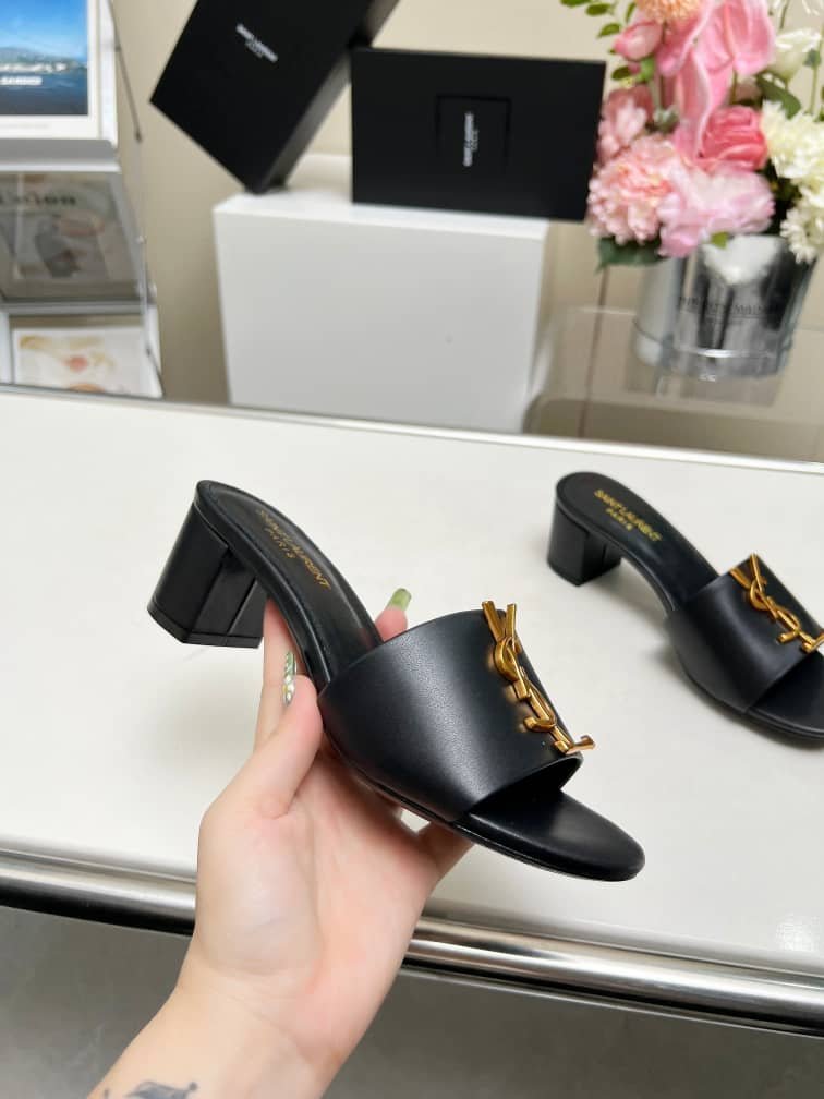 Sa1nt Lau*nt Slide Sandals Heeled Black