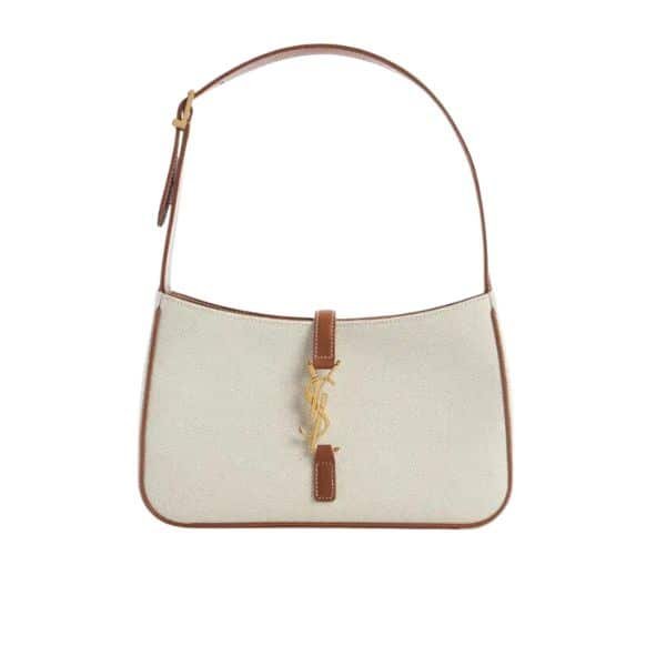 Sa1nt Lau*nt Le 5 À 7 Linen Canvas Hobo Bag White And Brown 25Cm 657228Faavh