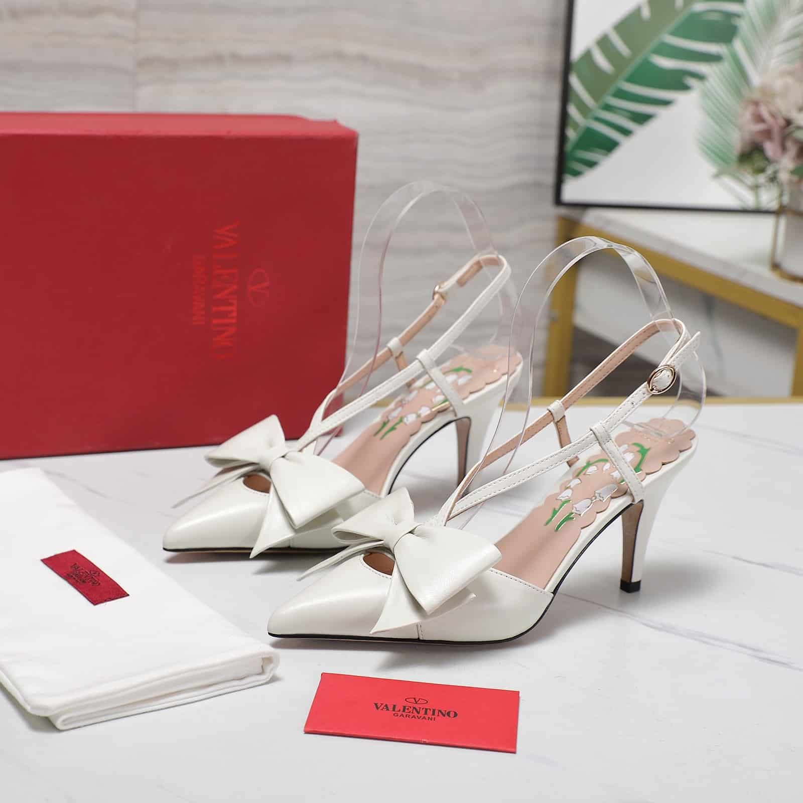 Va1e*ntin0 Bowow Slingback Pumps White 7W2S0Mx5Ddt 098