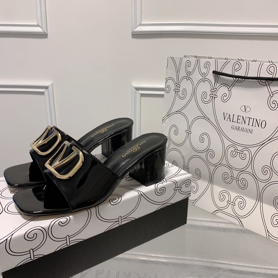Va1e*ntin0 Vlogo Signature Square Toe Middle Heel Black Slide Sandal