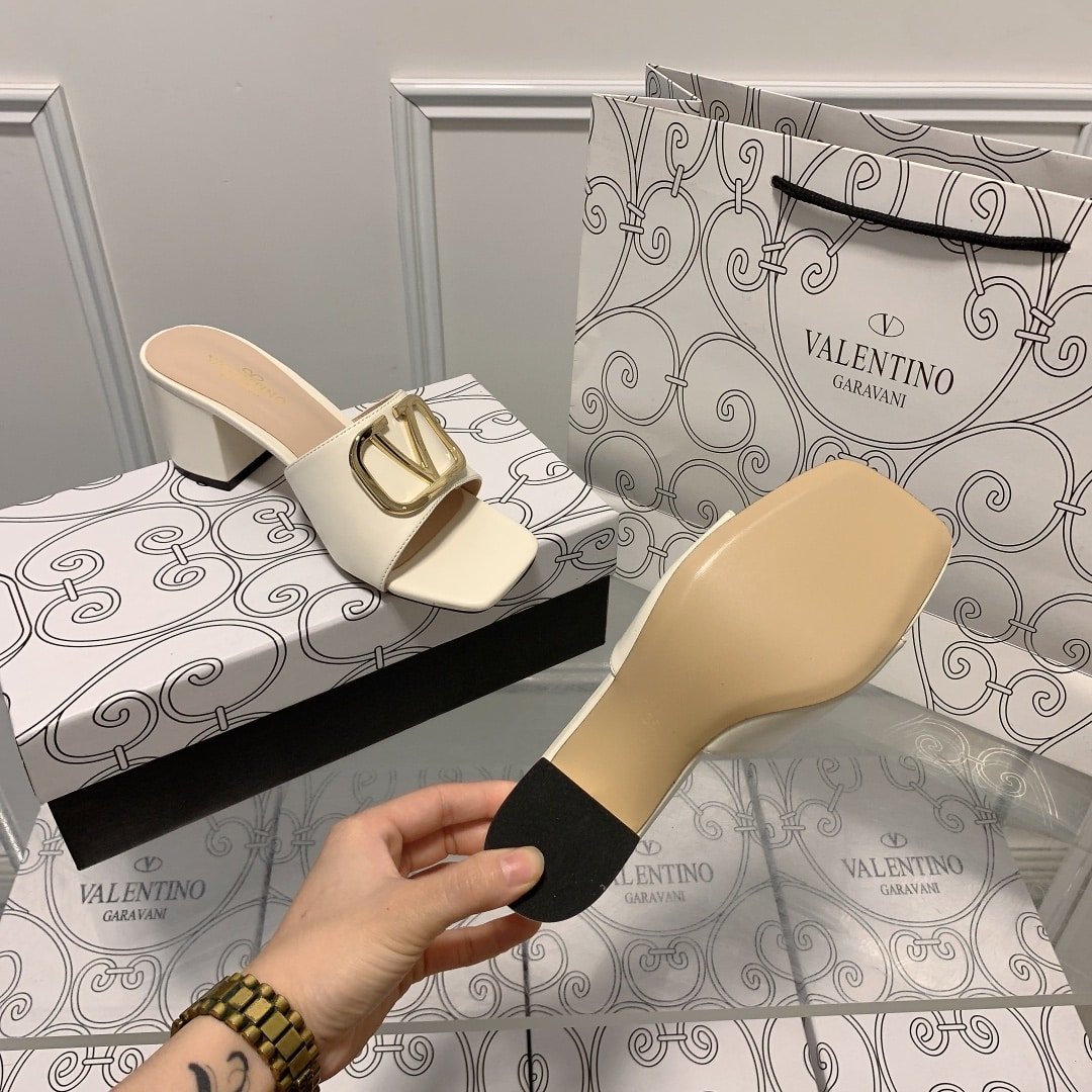 Va1e*ntin0 Vlogo Signature Square Toe Middle Heel White Slide Sandal