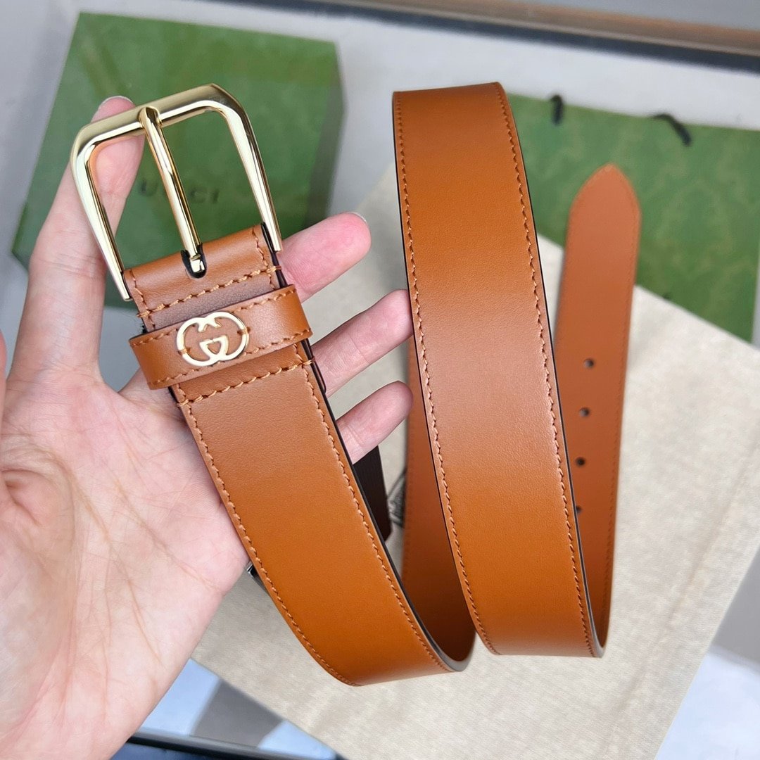 Gvc*1 Belt With Square Buckle And Interlocking G Gold Metal Brown 35Mm 673921 Ap00G 2535