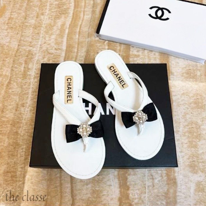 Ch**el Thong Slide White Camellia Cc Logo Bow White
