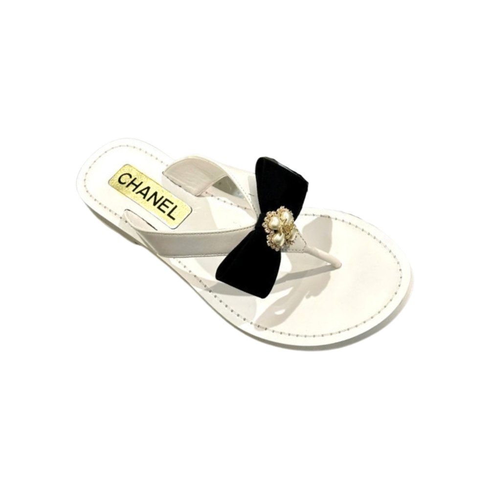 Ch**el Thong Slide White Camellia Cc Logo Bow White